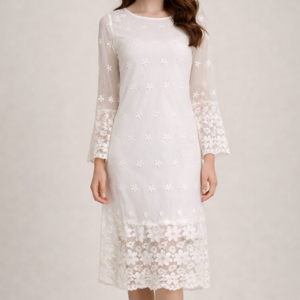REBORN White Lace Boho Embroidered Bell Sleeve Dress S NWT - Picture 2 of 13